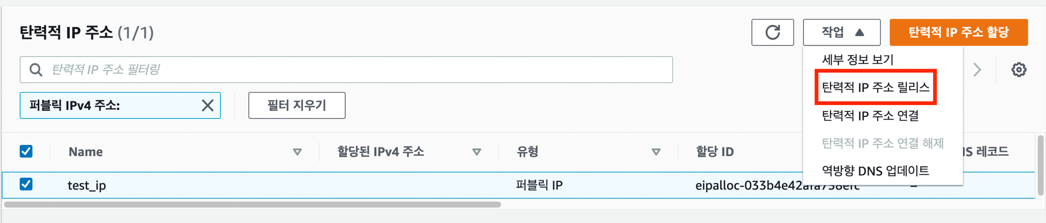 탄력적 IP 목록